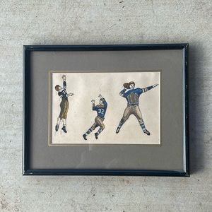 Vintage framed drawing / watercolor on paper of 3 football players in action
